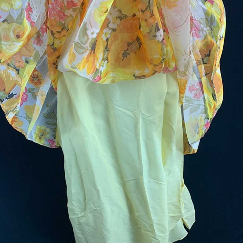 70s Yellow Floral Chiffon Trumpet Sleeve Maxi Dre… - image 8