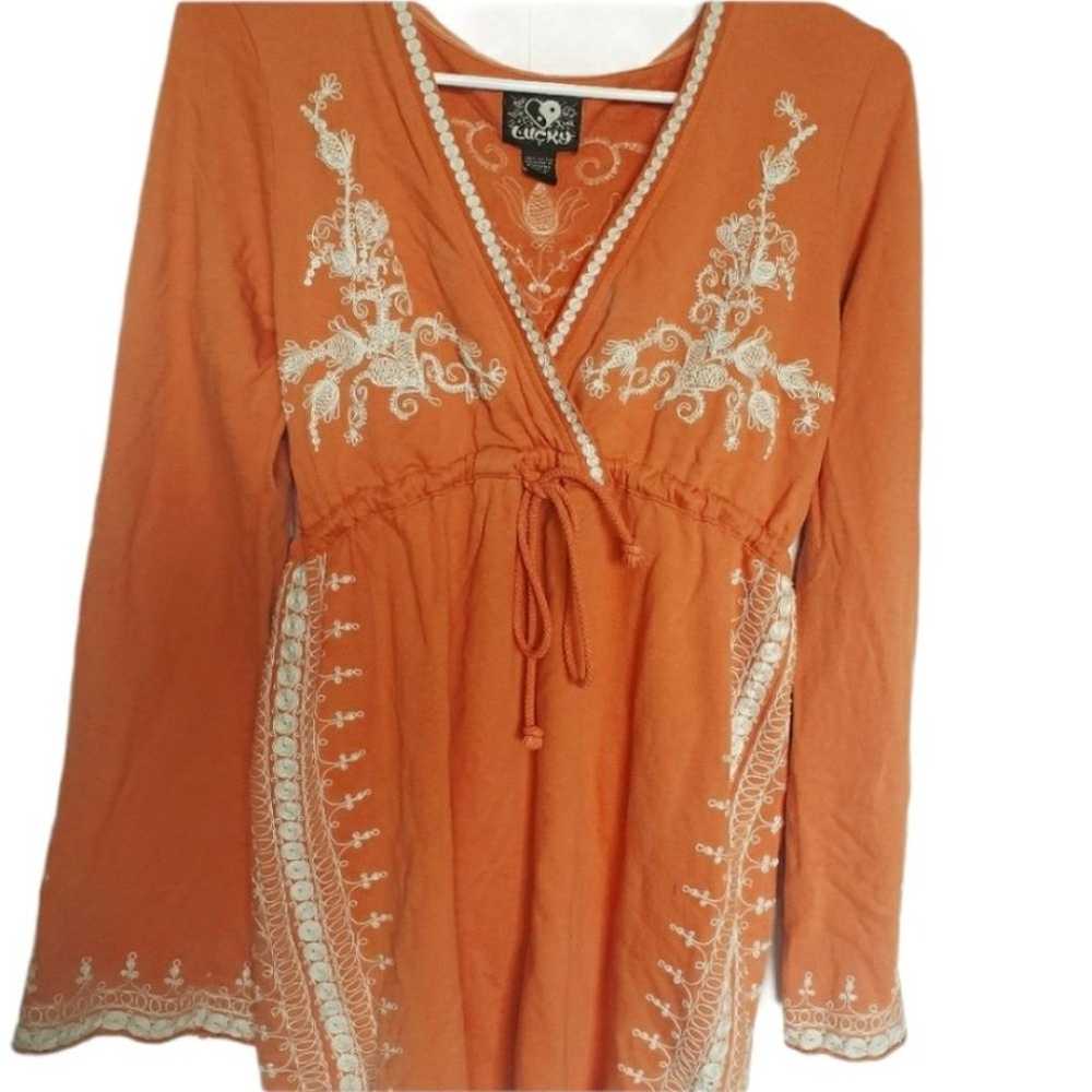 RARE! Lucky Brand Orange Embroidered Dress - S - image 3