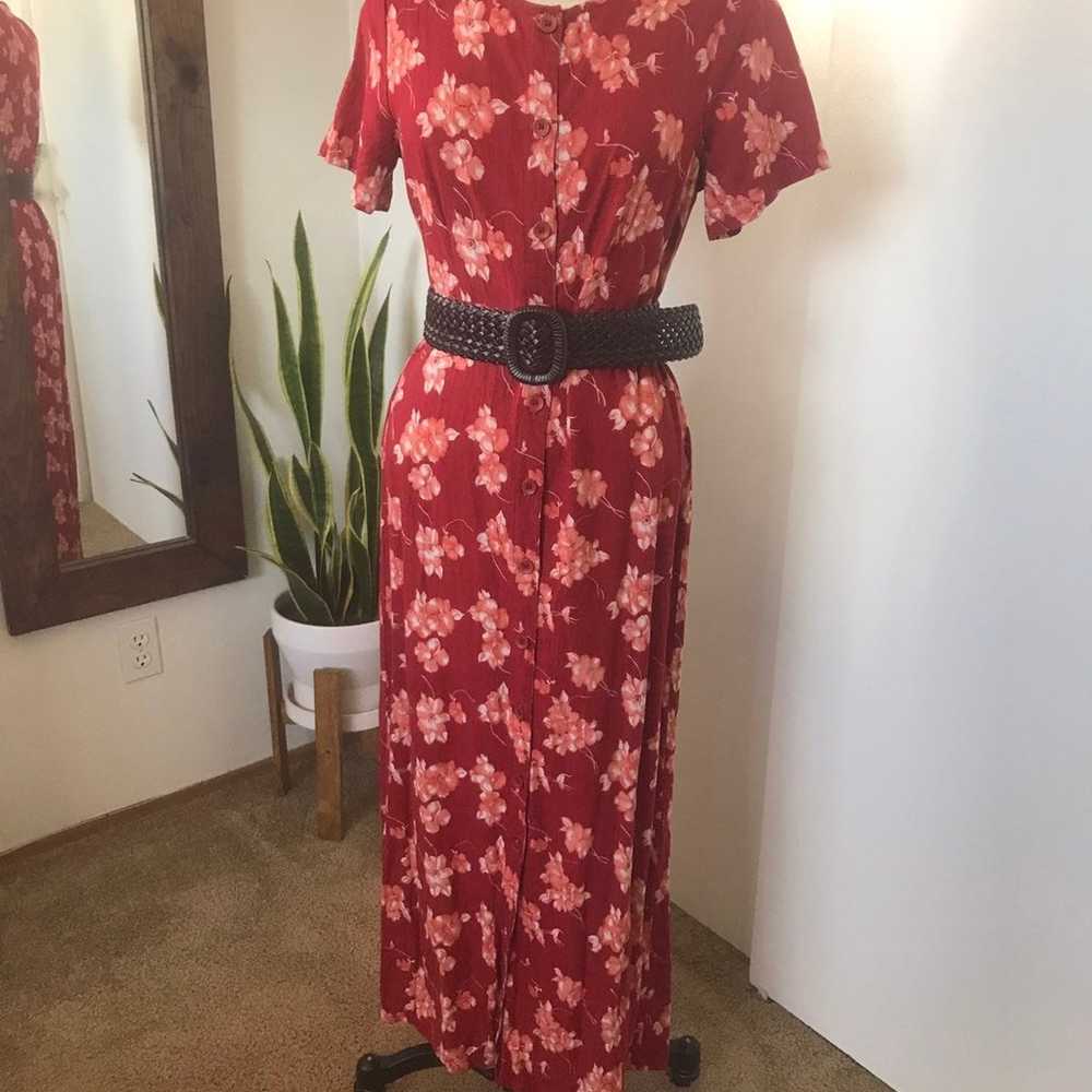 VTG 90's Red Floral Linen Maxi Dress - image 1