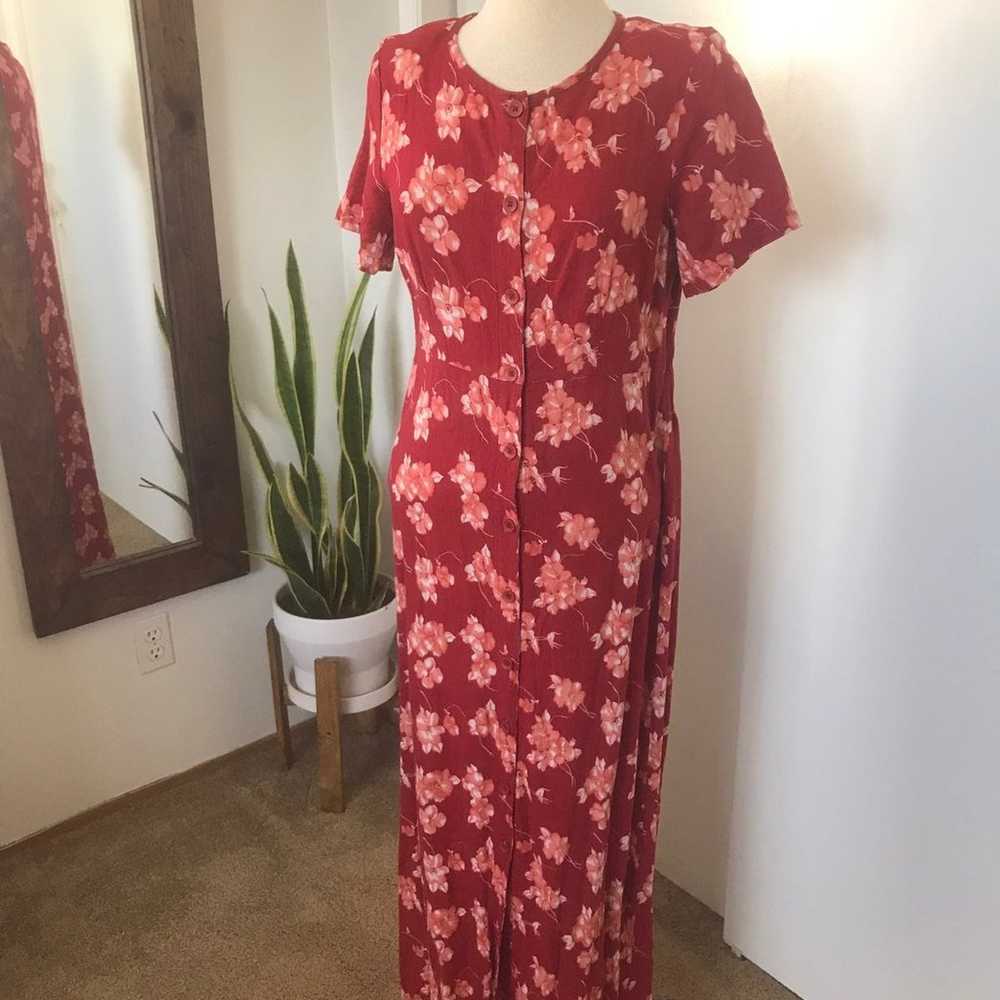 VTG 90's Red Floral Linen Maxi Dress - image 6