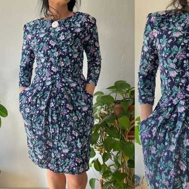 Vintage 1980s floral daydress purple green small … - image 1