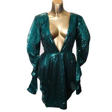 Vintage Sequin Dress Green Deep V Plunge