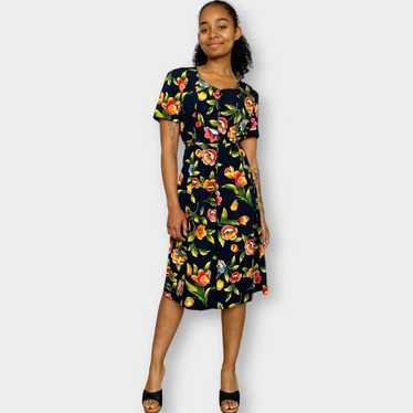 90s Kathie Lee Navy Floral Midi Dress