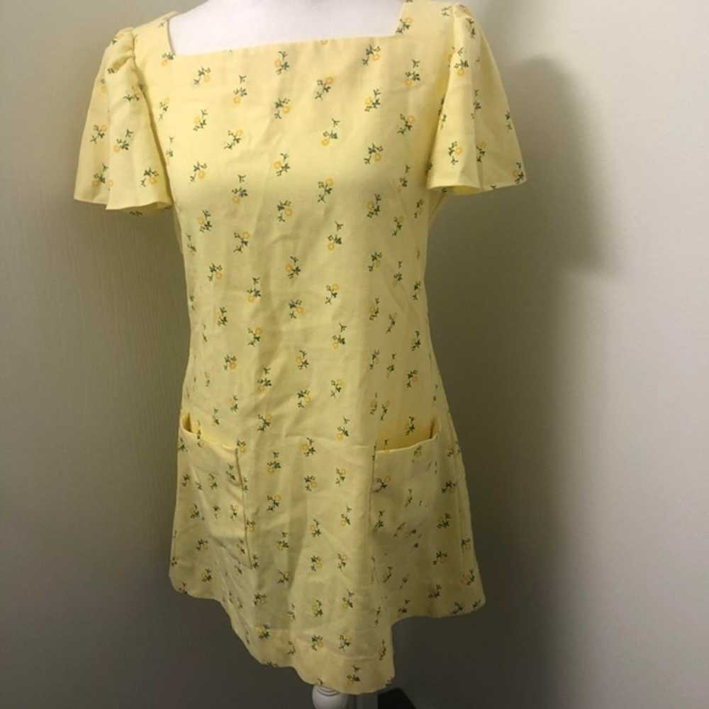 Vtg 60s 70s Yellow Flower Drop Waist Mini Dress - image 1