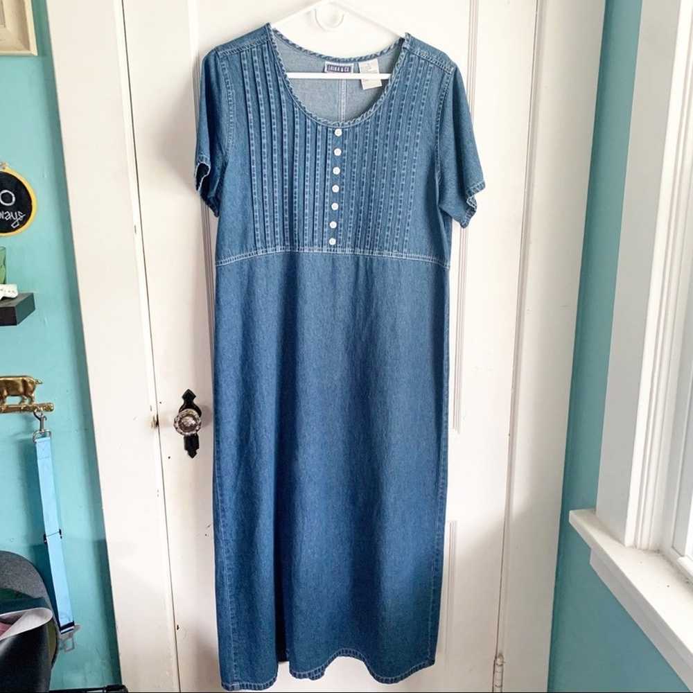 Vintage Cotton Denim Jean  Maxi Dress White Flowe… - image 1