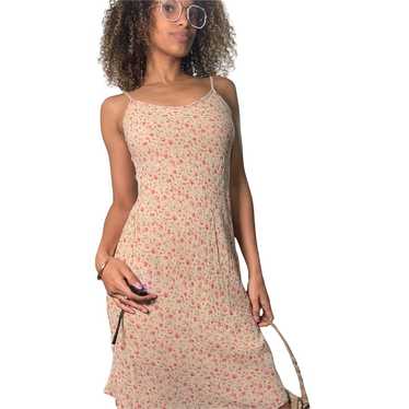 Vintage 00s tan & pink floral rom com midi dress … - image 1