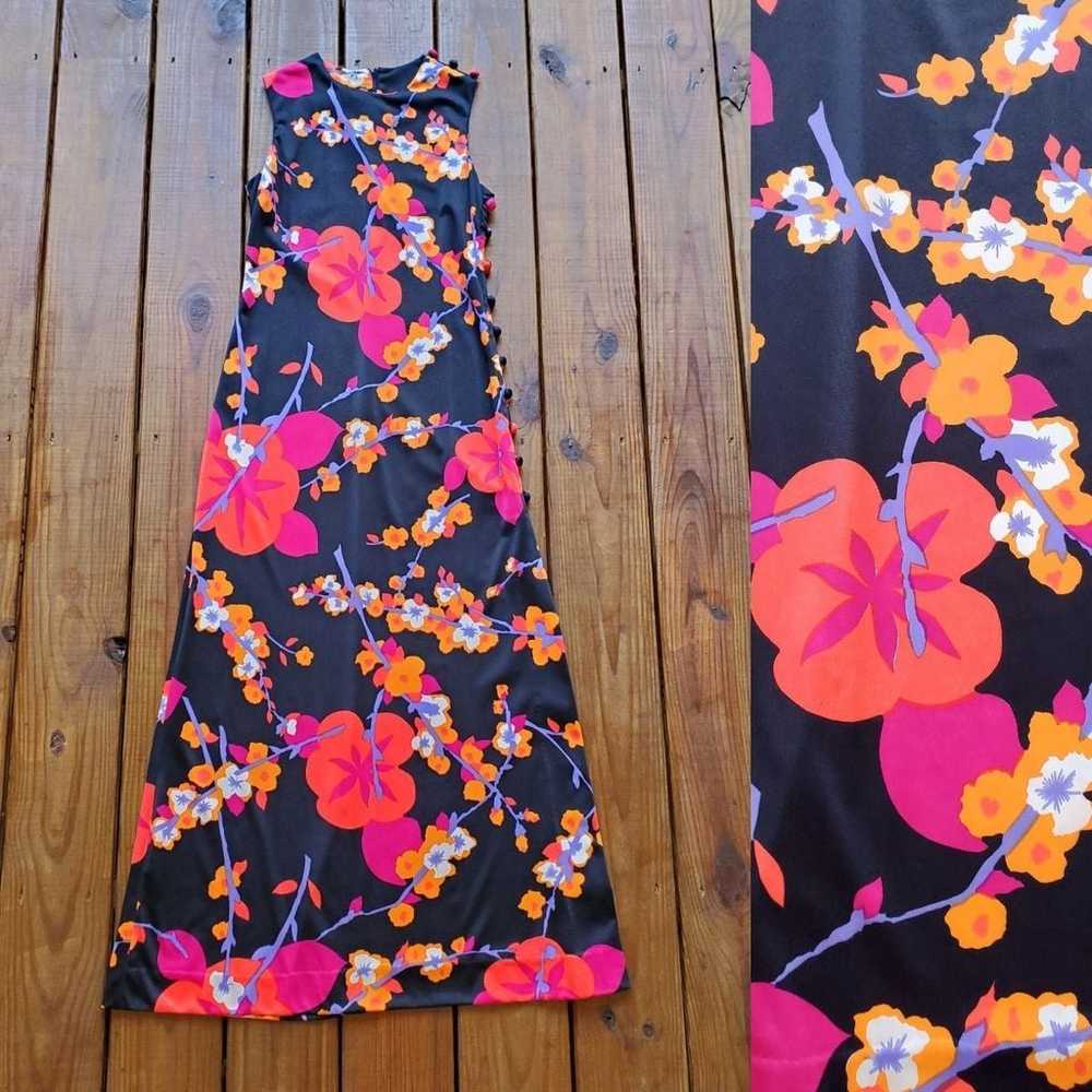 Vintage 60's 70's S/M black neon floral sleeveles… - image 1