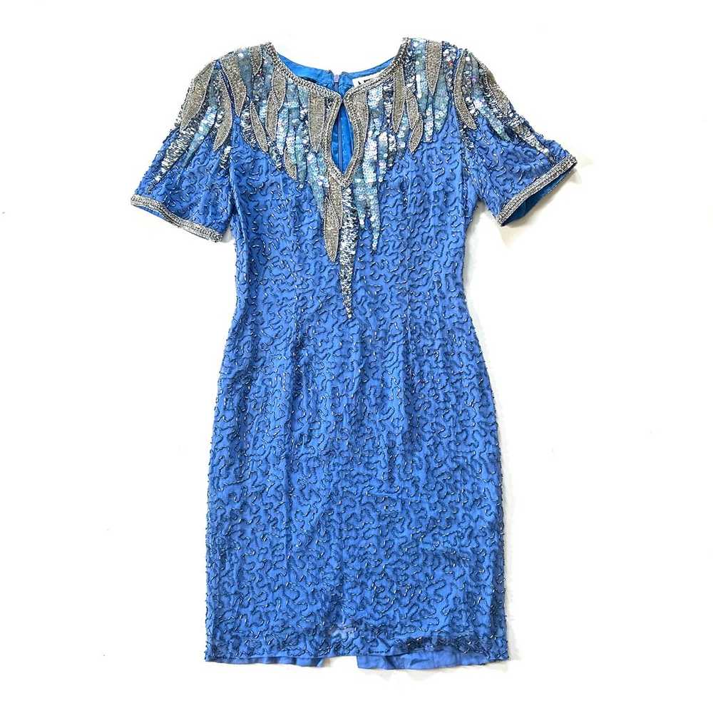 Vintage Night Line Blue Sequin Short Sleeve Silk … - image 1