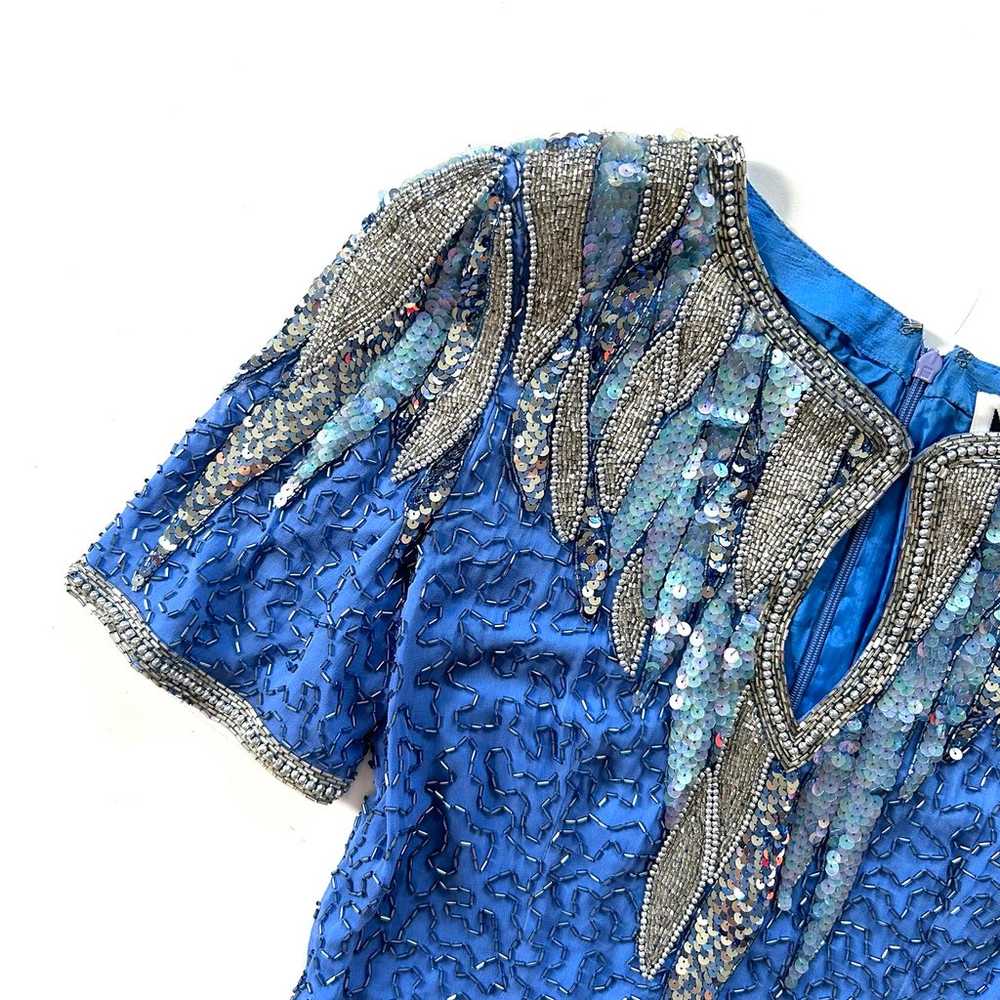 Vintage Night Line Blue Sequin Short Sleeve Silk … - image 2