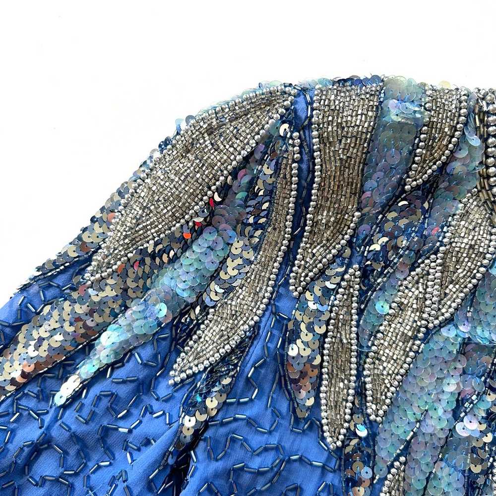 Vintage Night Line Blue Sequin Short Sleeve Silk … - image 3