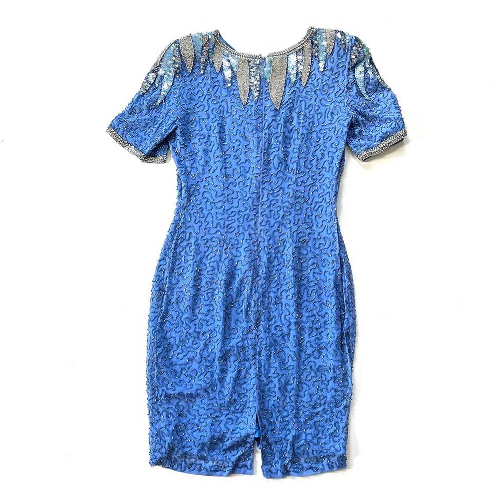 Vintage Night Line Blue Sequin Short Sleeve Silk … - image 5