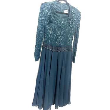 Vintage Green Cocktail Dress Sequins Beaded Midi … - image 1