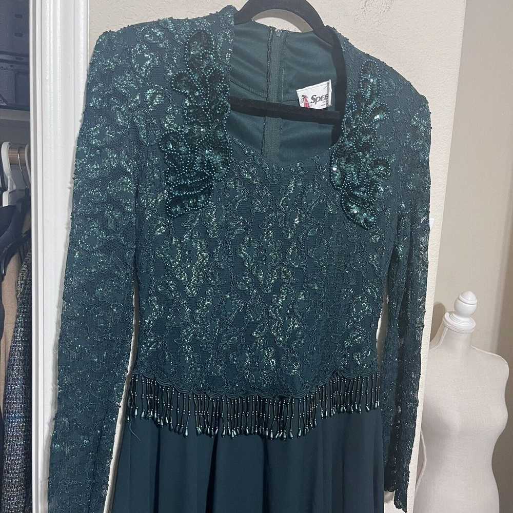 Vintage Green Cocktail Dress Sequins Beaded Midi … - image 2