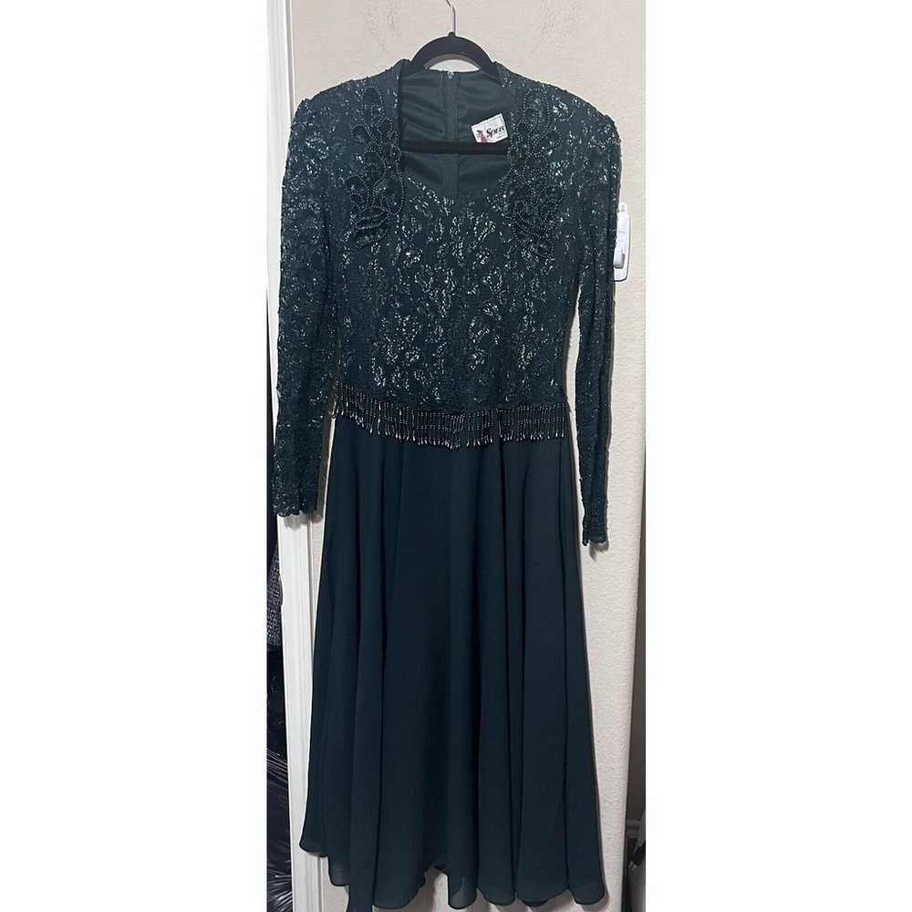 Vintage Green Cocktail Dress Sequins Beaded Midi … - image 6