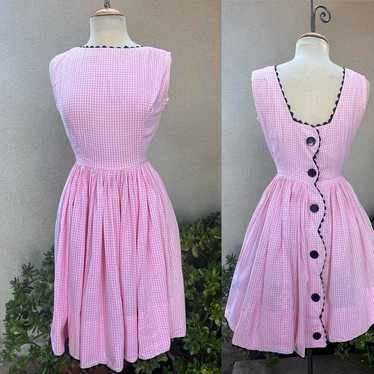 Vintage 60s gingham checker dress pink white blac… - image 1