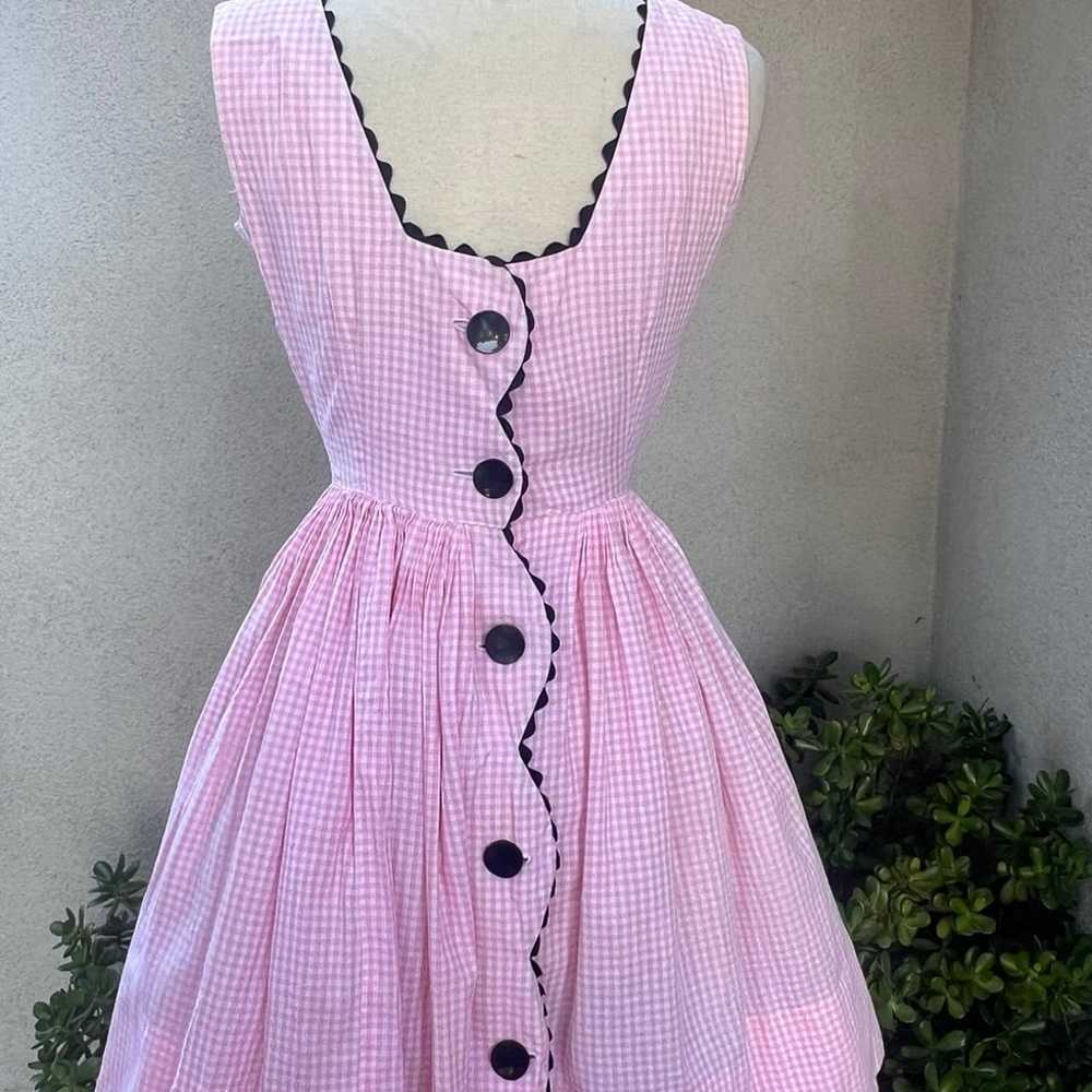 Vintage 60s gingham checker dress pink white blac… - image 3