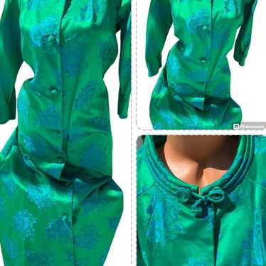 Vtg  Maxan Green Blue Floral Brocade Dress Maxi s… - image 1
