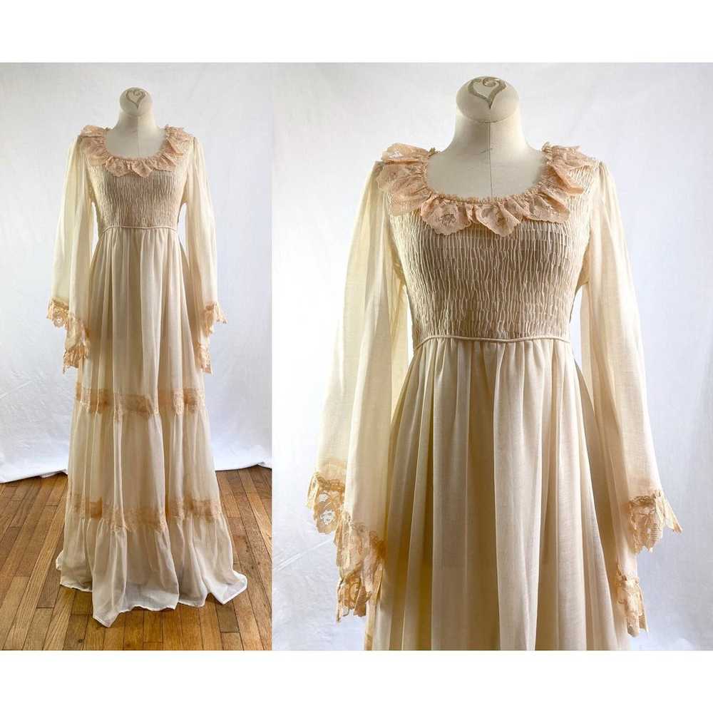 70s Vintage Bohemian Wedding Dress Size S Ivory C… - image 1