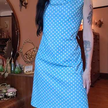 Vtg 60s 70s Sky Blue Polka Dot Sleeveless Dress S… - image 1