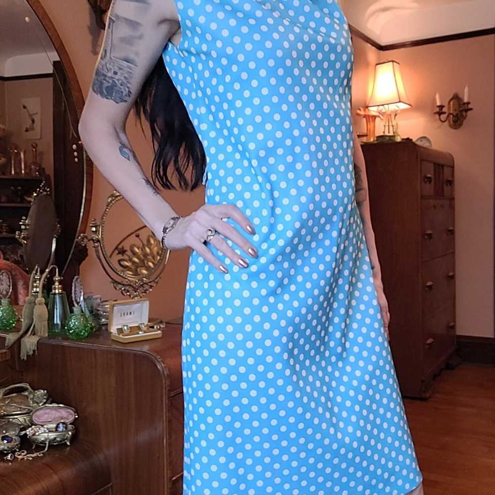 Vtg 60s 70s Sky Blue Polka Dot Sleeveless Dress S… - image 2