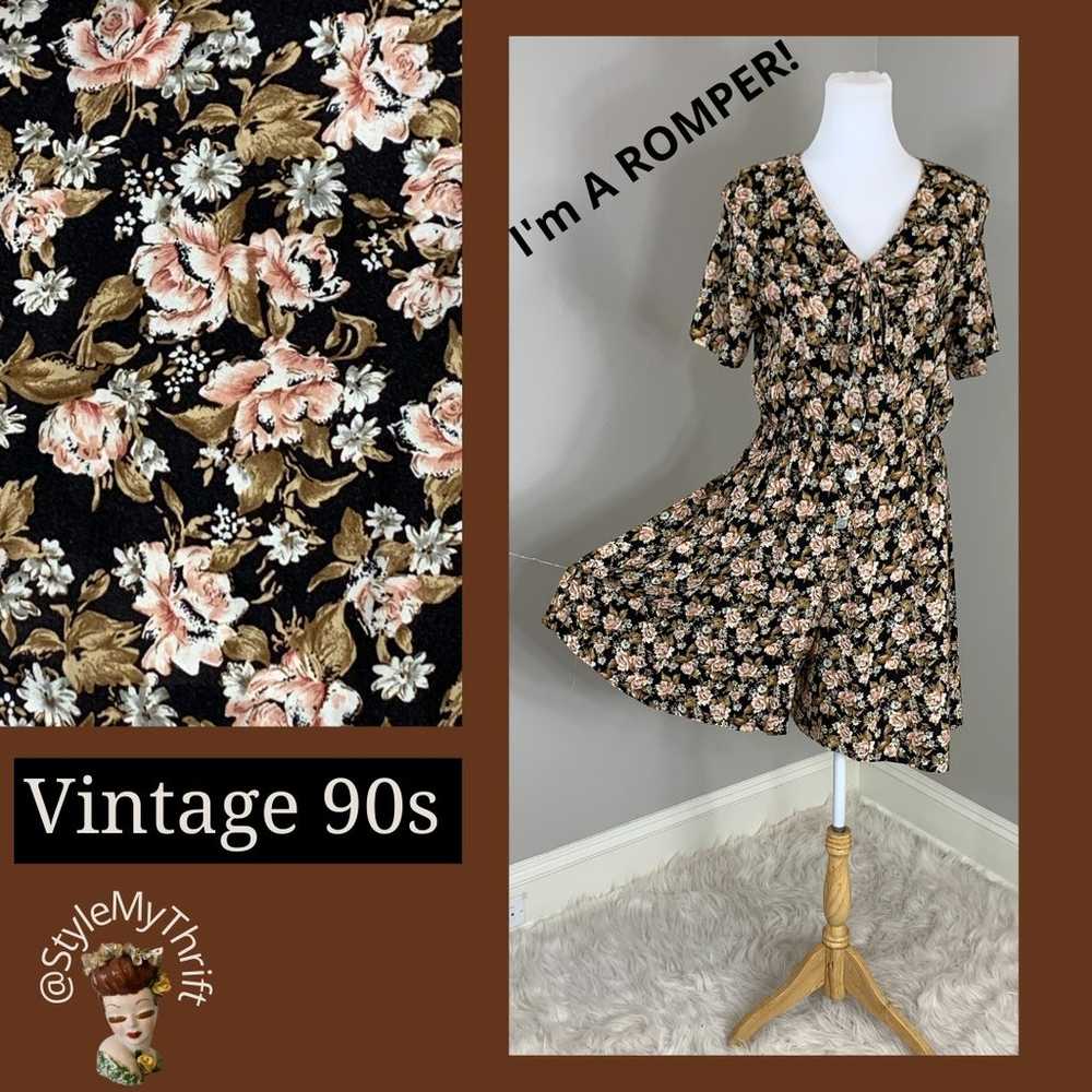 Vintage 80s 90s Romper Dark Floral CottageCore Gr… - image 1