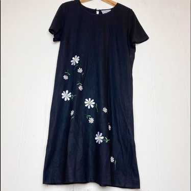 Vintage Black Embroidered Daisies Linen Midi Dress - image 1