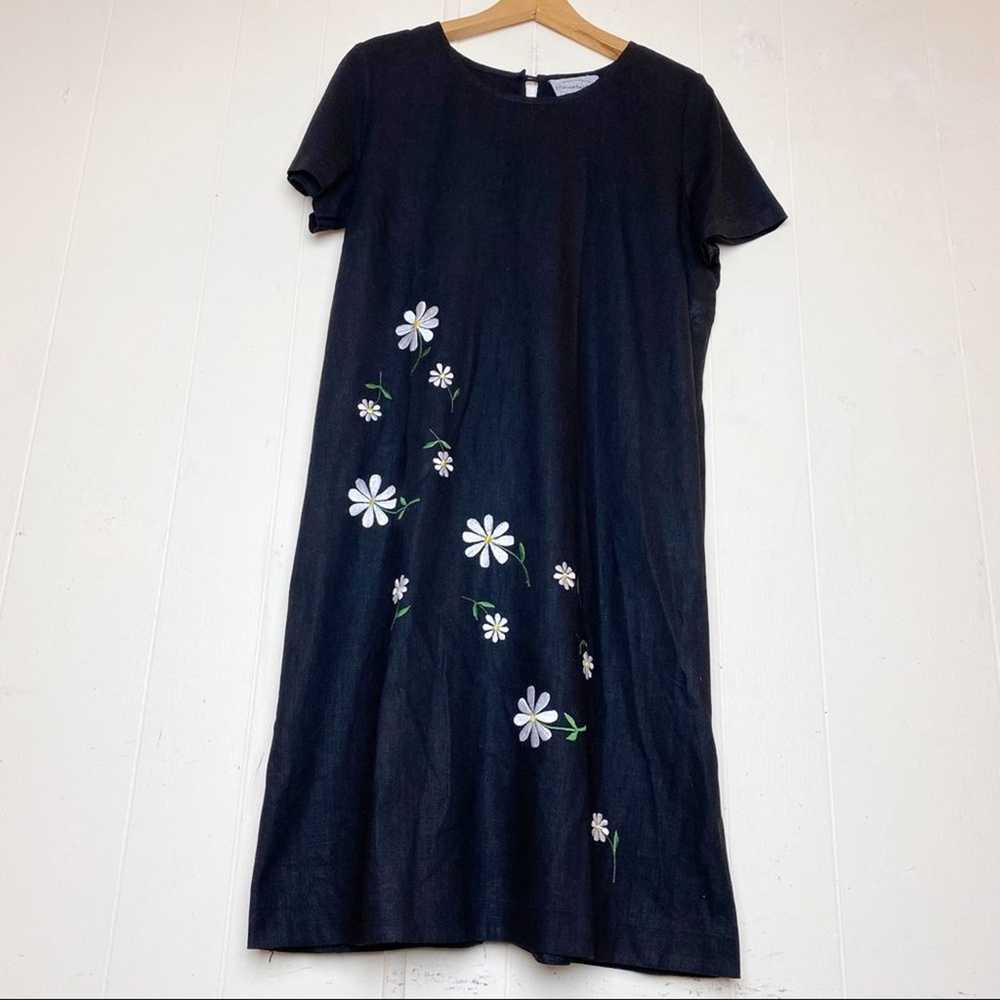 Vintage Black Embroidered Daisies Linen Midi Dress - image 4