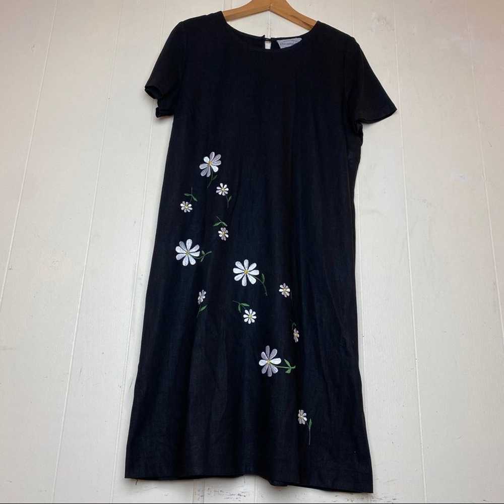 Vintage Black Embroidered Daisies Linen Midi Dress - image 8