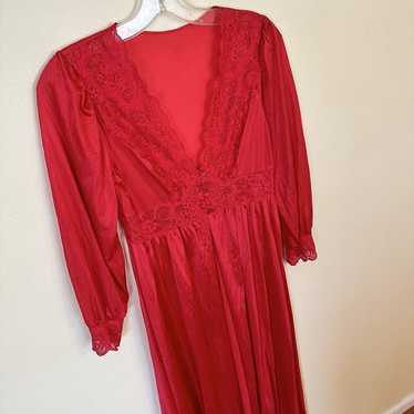 Vintage Long Red Poly and Lace Womens Robe Linger… - image 1