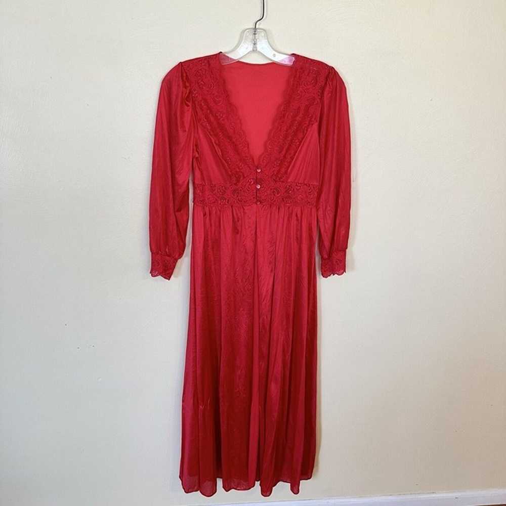 Vintage Long Red Poly and Lace Womens Robe Linger… - image 2