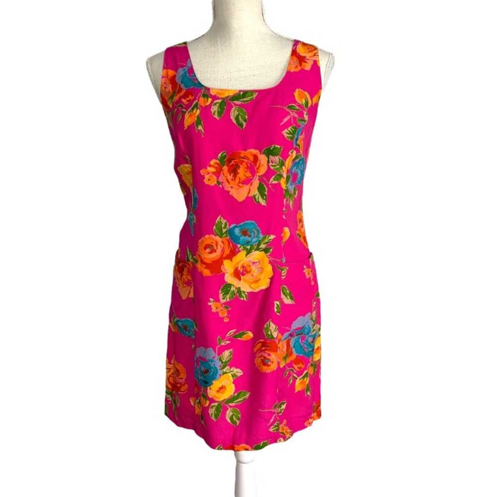 Vintage 90s Hot Pink Floral Sleeveless Mini Dress… - image 1