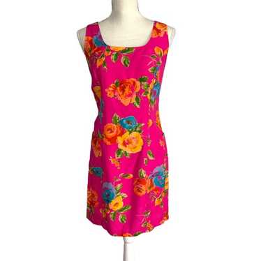 Vintage 90s Hot Pink Floral Sleeveless Mini Dress… - image 1