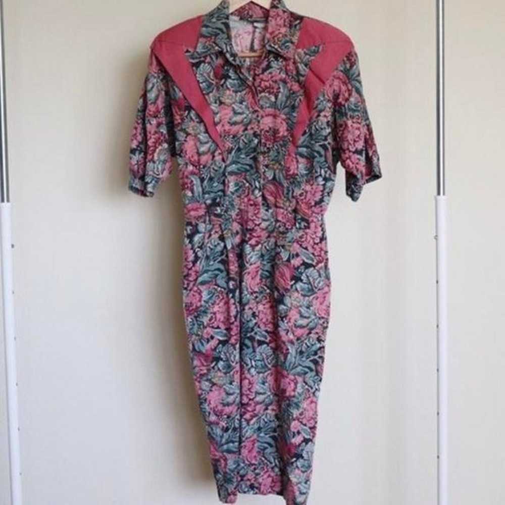 Vintage 80's Floral Button Up Pink Green Midi Dre… - image 2