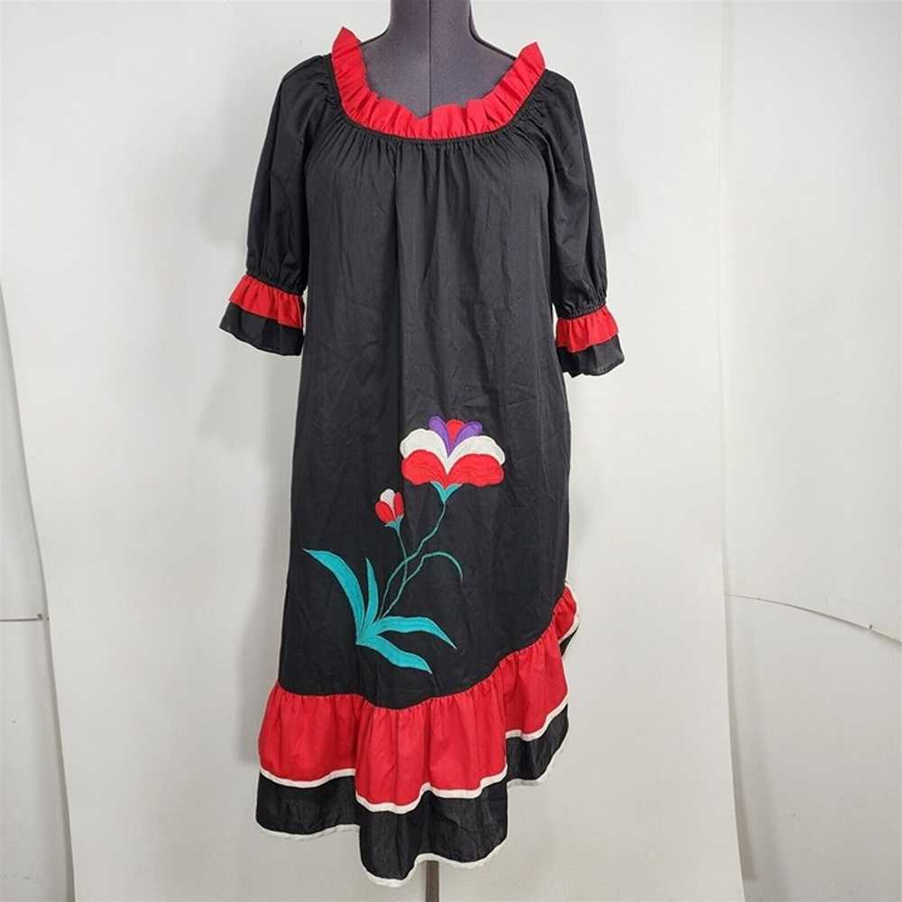 Vintage Tiare Hawaii Black & Red Floral Embroider… - image 1