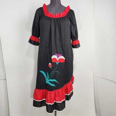 Vintage Tiare Hawaii Black & Red Floral Embroider… - image 1