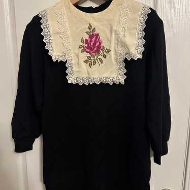 Vintage Black Sweater Dress With Embroidered Bib … - image 1