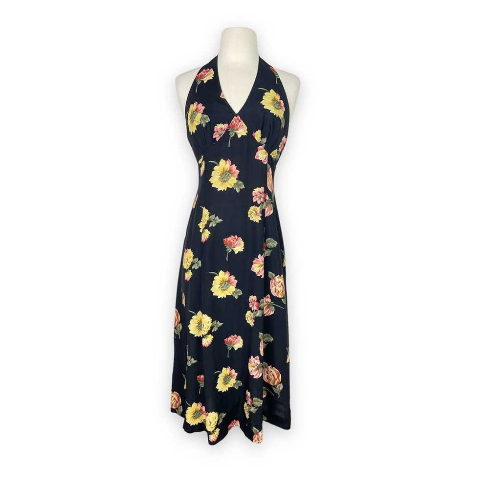 Vintage black floral halter dress 5-6 - image 1