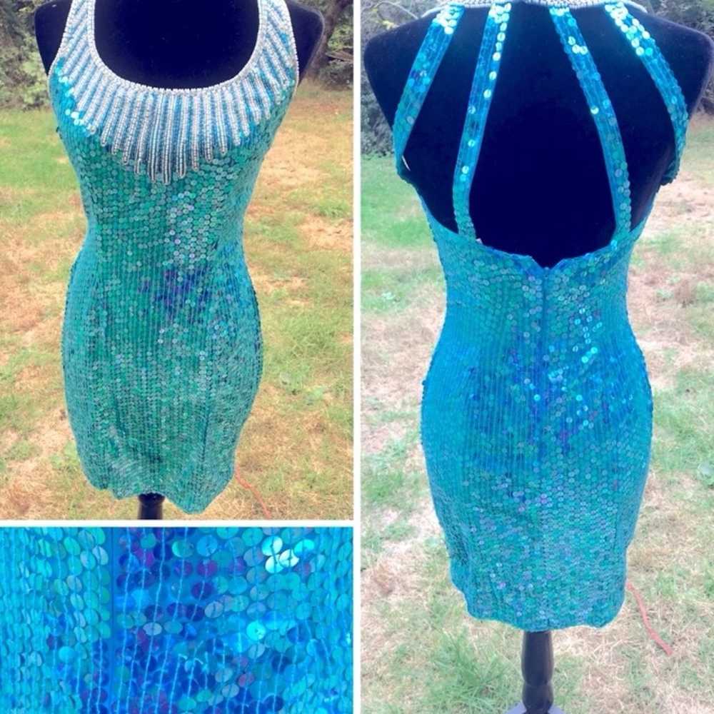 Vintage Blue Sequined Mini Dress - image 1