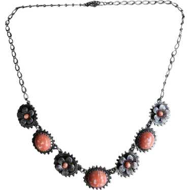 Art Deco Speckled Glass and Flower Necklace (A491… - image 1