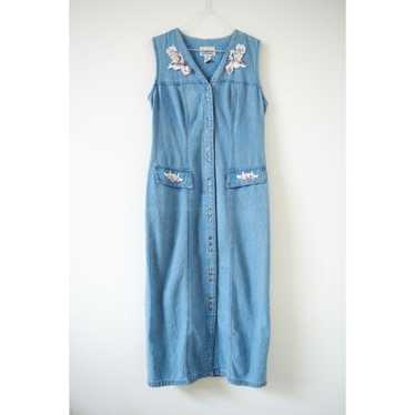 Vintage Floral Denim Cottagecore Midi Dress - image 1