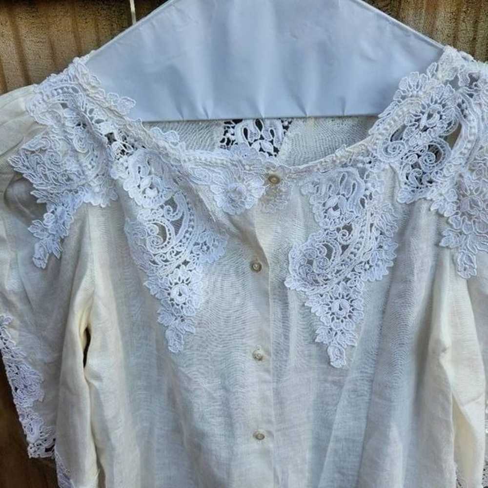 Vintage 100% Linen Skirt Suit Button Crochet Lace… - image 8