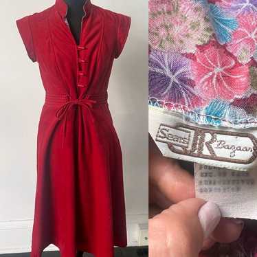 Vintage Velour Red Midi Dress 1970’s Boho MockNec… - image 1