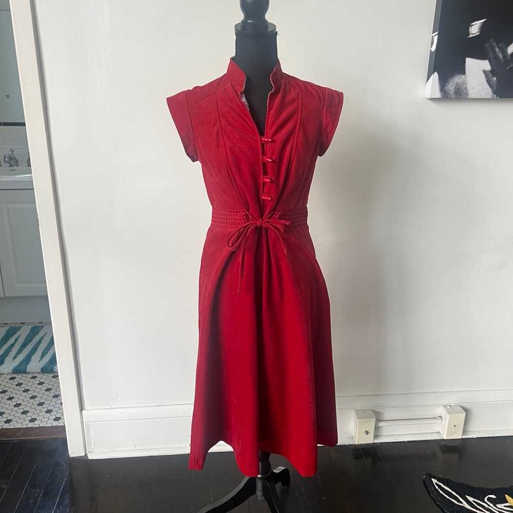 Vintage Velour Red Midi Dress 1970’s Boho MockNec… - image 2