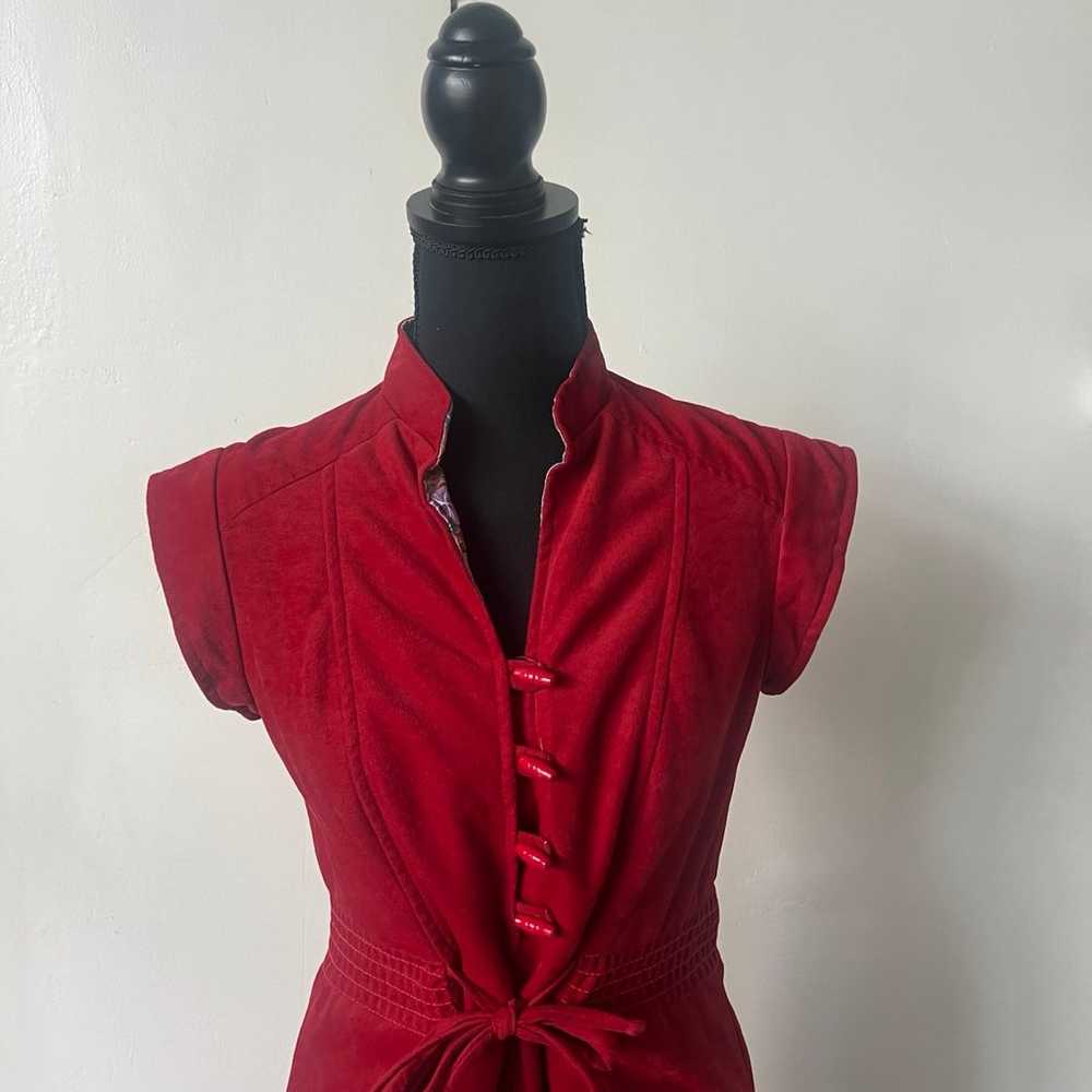 Vintage Velour Red Midi Dress 1970’s Boho MockNec… - image 3