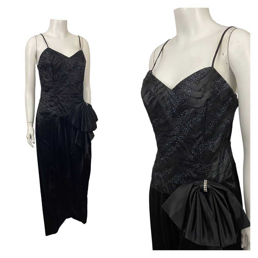 1980s Sleeveless Black Glitter Long Party Dress /… - image 10