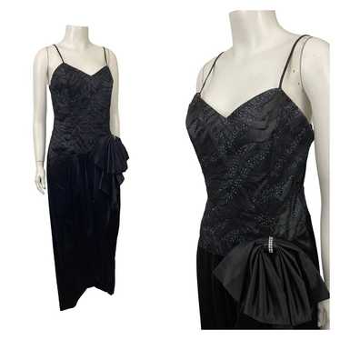 1980s Sleeveless Black Glitter Long Party Dress /… - image 1