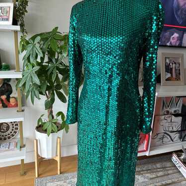 1980s Oleg Cassini Emerald Sequin Dress - image 1