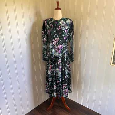 Vintage 90s Cottagecore Black Floral Maxi dress s… - image 1