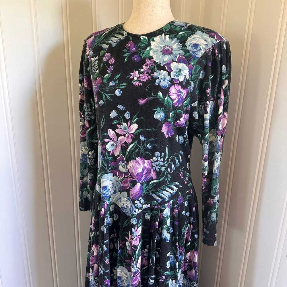 Vintage 90s Cottagecore Black Floral Maxi dress s… - image 3