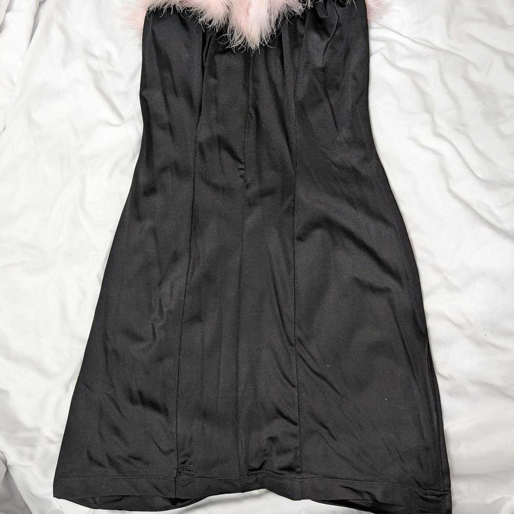 Vintage black dress pink fur trim Y2K lace up back - image 1